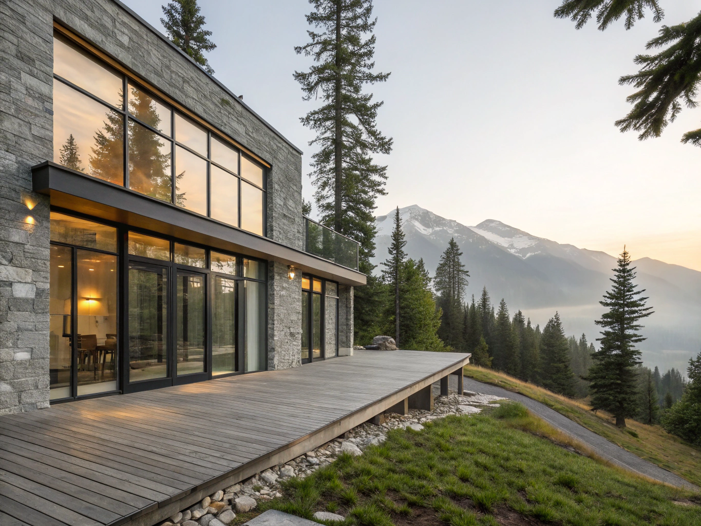 Modern mountain lodge with panoramic views