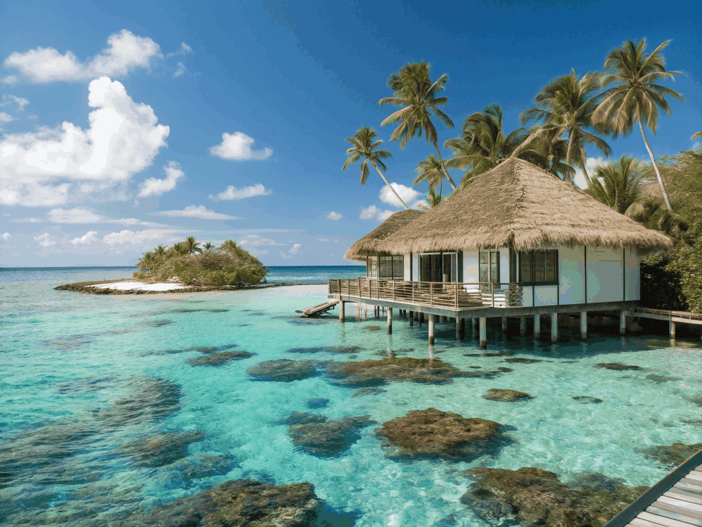 Private overwater villa with crystal clear water